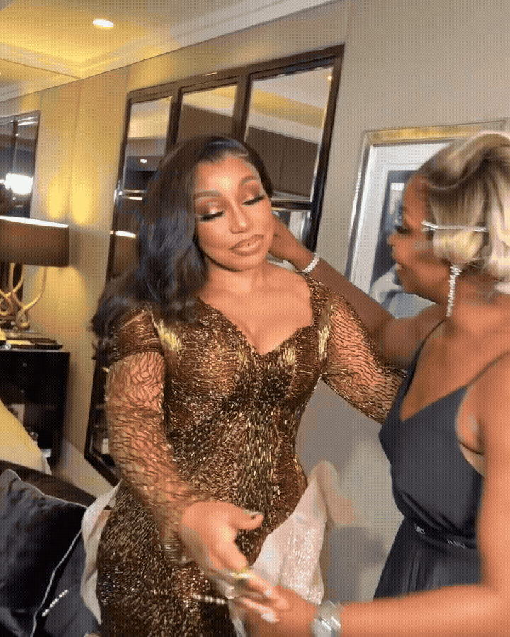 Rita Dominic and Tubo share a warm embrace, beaming with pride and sisterhood ahead of Rita’s 50th birthday event.